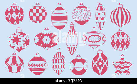 Elegant pink line art vector set of Christmas baubles and hanging tree ornaments with patterned designs. Perfect for holiday greeting cards, winter Stock Vector