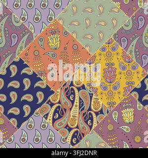 Seamless ethnic patchwork pattern with colorful paisley motifs and stitched square tiles in muted tones. Vintage bohosurf vector repeat Stock Vector