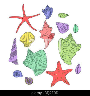 Vector sea life collection with colorful seashells and starfish isolated on white background. Marine underwater set with colorful conch, scallop, and Stock Vector