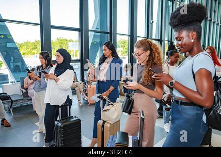 Diverse women standing in line using smartphones at airport Stock Photo