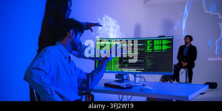 Technology professionals discussing AI software development with coding interface and global digital network visualization in a modern innovation work Stock Photo