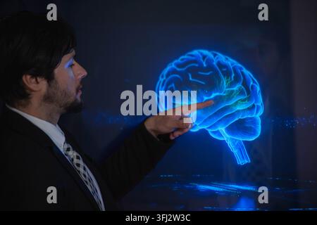 Business professional interacting with a digital human interface, representing artificial intelligence, machine learning, human technology collaborati Stock Photo