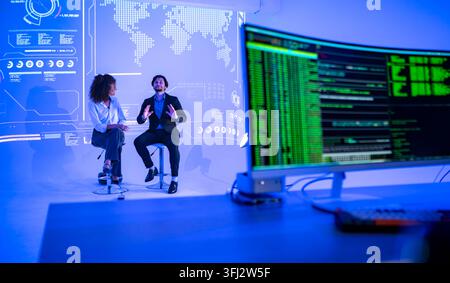 Technology professionals discussing AI software development with coding interface and global digital network visualization in a modern innovation work Stock Photo