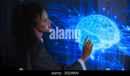 Business professional interacting with a digital human interface, representing artificial intelligence, machine learning, human technology collaborati Stock Photo