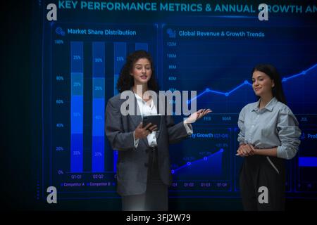 Business professionals analyzing performance metrics and annual growth trends using interactive financial dashboards during a strategy meeting Stock Photo