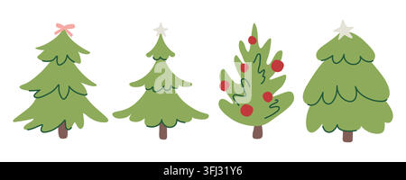 Green hand drawn Christmas tree clipart set for holiday sticker design Stock Vector