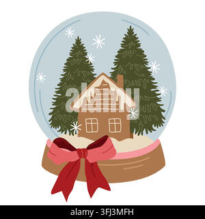 Hand-drawn Christmas snow globe with pine trees, red bow and gingerbread house for winter seasonal decor or packaging, cards Stock Vector