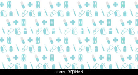 A professional pattern background featuring medical and healthcare icons in clean line art and solid black glyph style. Perfect for hospital branding, Stock Vector