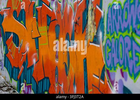 STAVANGER, NORWAY – FEBRUARY 7, 2026: Close-up view of colorful graffiti and street art covering concrete walls in the outdoor playground area outside Stock Photo