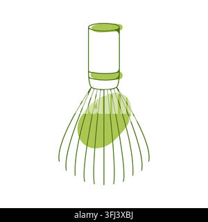 Matcha bamboo whisk chasen line art icon for Japanese tea ceremony and traditional beverage preparation. Minimalist green vector illustration. Stock Vector