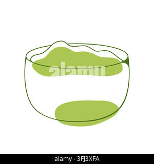 Matcha tea in a glass cup, minimalist green line art icon, Japanese beverage and wellness concept, vector illustration for menu, packaging, poster. Stock Vector