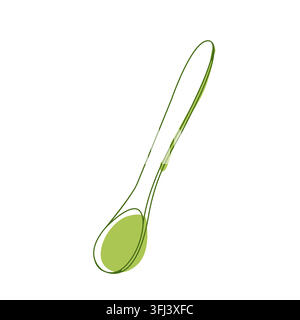 Matcha tea scoop line art, japanese tea ceremony utensil, minimalist green vector illustration. Stock Vector