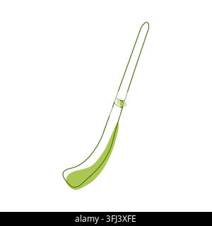 Matcha chashaku bamboo tea scoop with curved handle, Japanese tea ceremony utensil, minimalist green line art icon isolated on white, vector Stock Vector