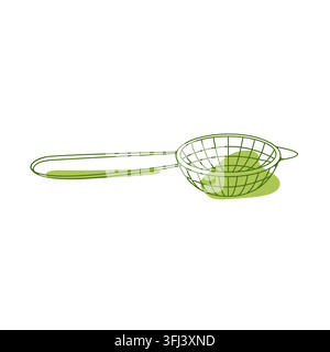 Matcha tea strainer icon in green line art, Japanese tea ceremony utensil for beverage preparation and minimalist kitchen design. Vector illustration. Stock Vector