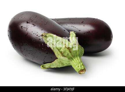 Two ripe eggplants with water drops isolated on white Stock Photo