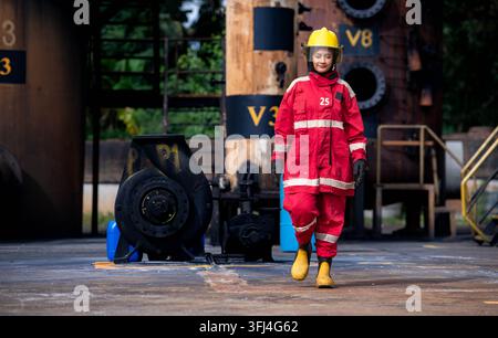 Young woman firefighter in protective clothing operates industrial equipment Stock Photo