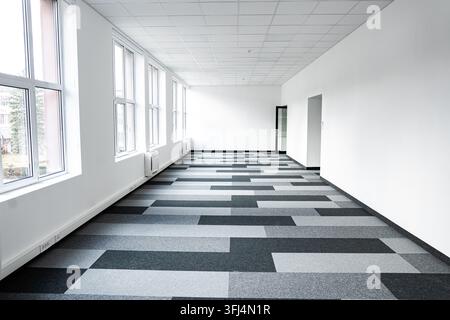 Modern office interior with white walls, drop ceiling, and patterned carpet ready for new business Stock Photo