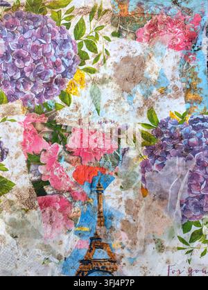 Distressed mixed media grunge collage background. Textured artwork with torn paper edges, vintage ephemera, scratched surfaces, paint splatters. Stock Photo