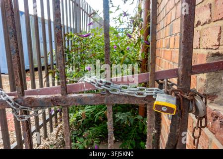 A rusty metal gate is secured with a locked padlock and metal chain Stock Photo