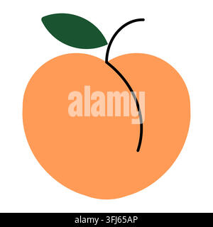 Peach fruit icon with green leaf in minimal flat style. Vector isolated illustration on white background.  Stock Vector