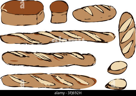 Hand Drawn Assorted Artisan Bread and Baguette Set Stock Vector