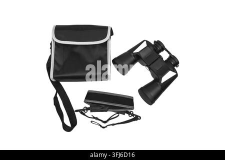 Black optical binoculars with case and strap isolated on white background. Stock Photo