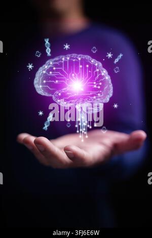 A man hand holding glowing digital brain circuit with DNA strands and medical icons. Artificial intelligence in healthcare, neuroscience, biotechnolog Stock Photo