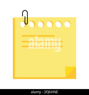 Flat vector illustration of a yellow sticky note page with a paperclip attached, curled corner, and lined text details for office reminders. Stock Vector