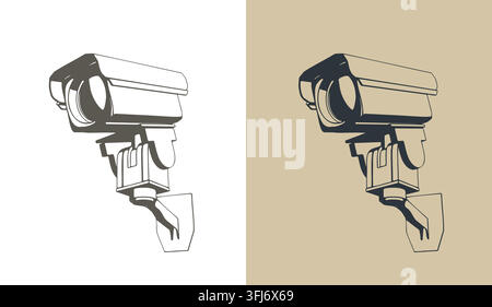 CCTV security camera on wall mount bracket, stylized vector illustrations Stock Vector