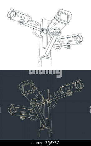CCTV security cameras system on pole technical blueprint, stylized vector illustration Stock Vector