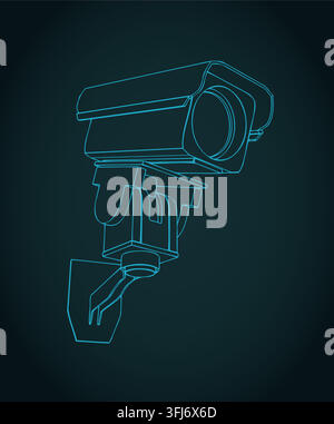 CCTV security camera on wall mount bracket isometric technical blueprint, stylized vector illustration Stock Vector