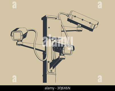 CCTV security cameras system on pole stylized vector illustration Stock Vector