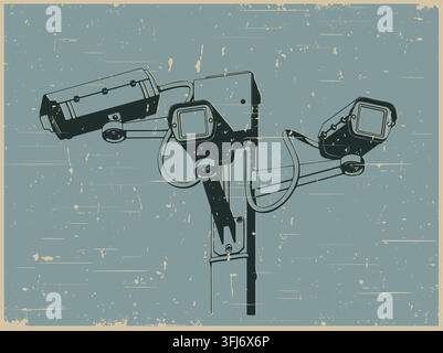 CCTV security outdoor camera system on pole, stylized as vintage poster vector illustration Stock Vector