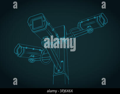 CCTV security cameras system on pole technical blueprint, stylized vector illustration Stock Vector