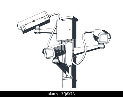 CCTV security outdoor camera system on pole stylized vector illustration Stock Vector