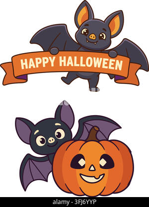 Cute cartoon bats with a happy halloween banner and a carved jack o lantern pumpkin for holiday design Stock Vector