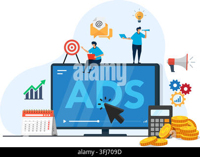 Concept of Pay Per Click, PPC, Advertising or Advertising, Promoting a Brand to an Audience, Stock Illustration. Stock Vector