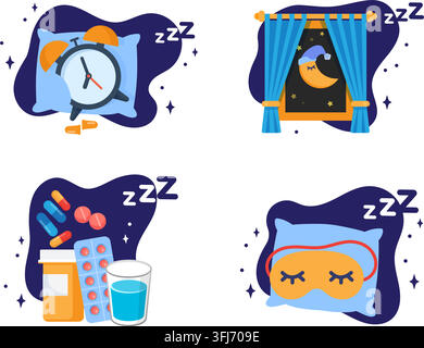 Set of items for better sleep. Sleep time. Sleeping pills, alarm clock, pillow, and face mask. Relaxation, sleeping concepts. stock illustration. Stock Vector