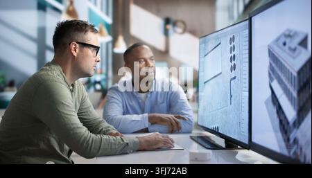 Engineer And Architect Discuss 3D Building Design Using BIM Software Together. Stock Photo
