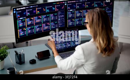 IT Manager Reviews Real-time Network Data To Ensure Stable Performance. Stock Photo