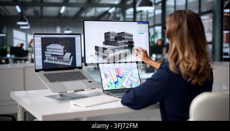 Architect Studies 3D BIM Model On Laptop, Planning City Building Project. Stock Photo