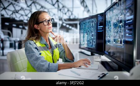 Electronics Engineer Carefully Reviews Multilayer Printed Circuit Board Design Using Software. Stock Photo