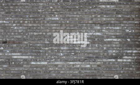 Loft-style masonry featuring narrow, elongated bricks. The texture is heavily weathered and rough, characterized by pronounced white efflorescence Stock Photo