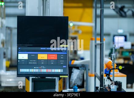 OEE production dashboard displaying manufacturing performance data inside an industrial production facility. The digital monitoring system tracks prod Stock Photo