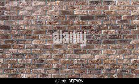 A masonry made of hand-molded decorative brick. The wall features a variegated palette ranging from sandy beige to dark brown hues. Stock Photo