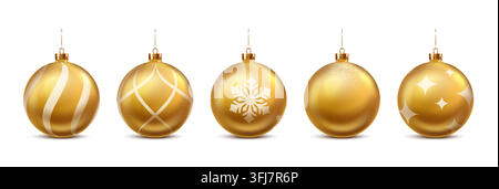 Golden christmas bauble ornament vector set with realistic glossy hanging balls, white decorative patterns, glitter finish and festive luxury holiday decorations. Stock Vector