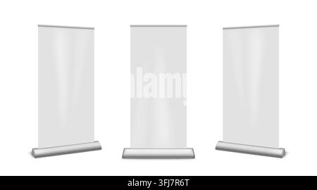 Realistic retractable roll up banner stand set with blank white display mockups in front and angled views for exhibition, trade show and advertising presentation. Isolated vector template. Stock Vector