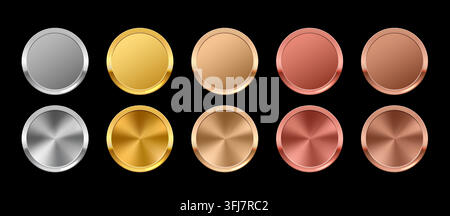 Realistic 3D metal button, medals vector set with silver, gold, bronze and copper round badges or coins, glossy brushed steel discs and polished blank sports award. Stock Vector