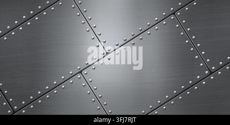 Realistic brushed steel industrial vector background with riveted metal panels, scratched silver plates, seams and dark mechanical texture for banner design. Stock Vector