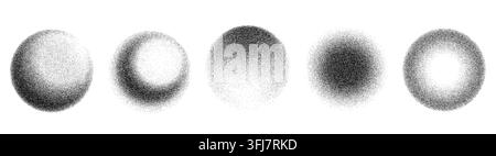 Grainy stipple dot spray brush vector set with shaded circular halftone spheres, soft particle gradients, dotted noise textures and abstract monochrome round shapes for modern overlays. Stock Vector